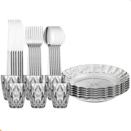 Aparelho De Jantar 30 Peças - Pratos + Copos + Talheres Inox Transparente Diamante E Egípcio