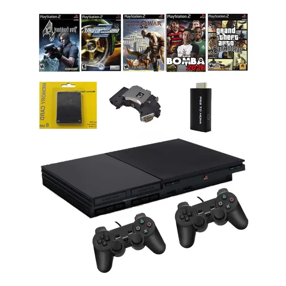 Sony Playstation 2 Slim + Hdmi + 2 Controles + 5 Jogos + Nf (Recondicionado)