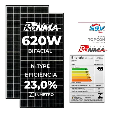 Kit 2 Painéis Solares Bifacial 620w Ronma N-type Topcon Preto 1500v V