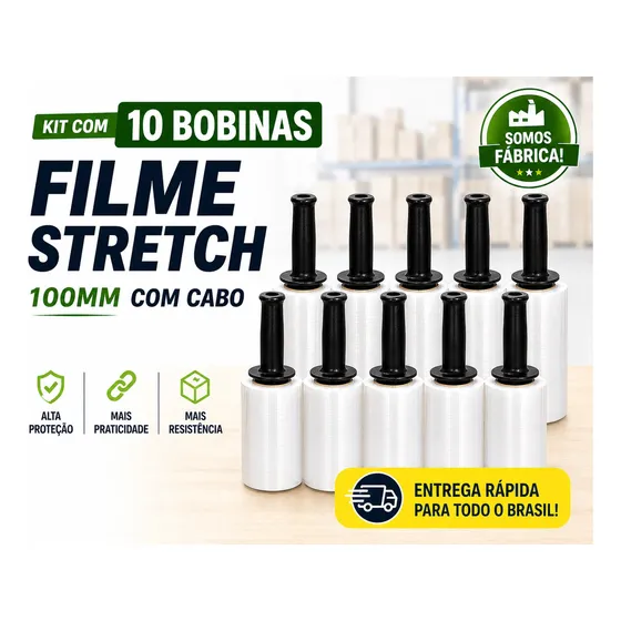 Kit Com 10 Bobinas De Filme Stretch Com Cabo 100mm