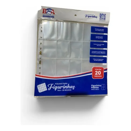 20 Folhas 5x4 Transparente Com 20 Bolsos P/ Figurinhas Bra