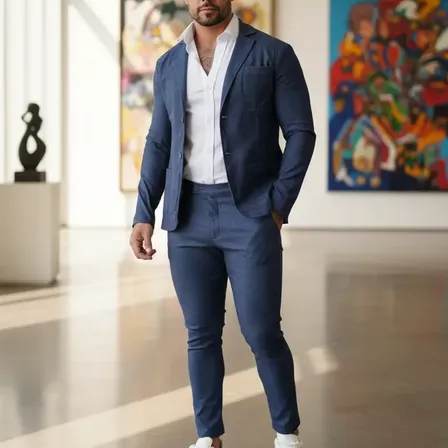 Conjunto Masculino Slim Fit Italiano Blazer Calça Bengaline Jeans Azul Liso M