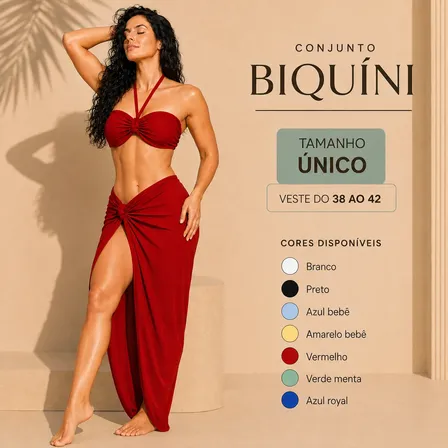 Conjunto 3 Peças Trikini Biquini Feminino Saída Praia Saia Vermelho Liso M