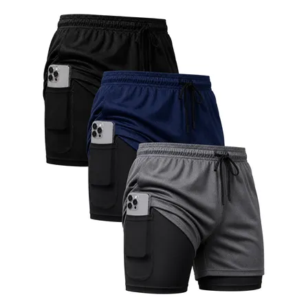 Kit 3 Shorts 2em1 Duplo Dryfit Masculino Compressão Bolso