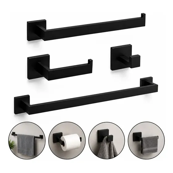 Kit Acessórios Banheiro Inox 304 Quadrado Luxo 4 Peças