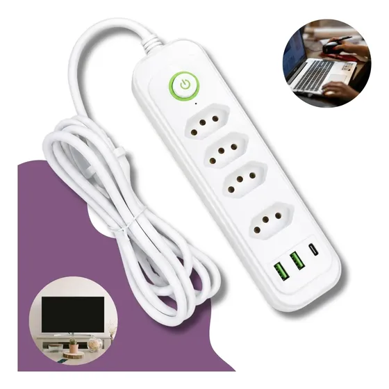 Régua Filtro Linha 4 Tomadas 3 Pinos Extensão 2m-usb-tipo-c