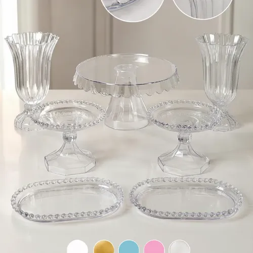 Kit 7 Peças Decoração Perola Mesa Boleira Vaso Bandejas Transparente