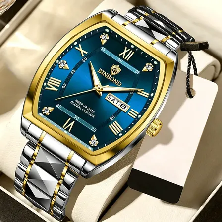 Relógio Masculino Quadrado Original Mostrador Grande Quartzo Dourado Azul