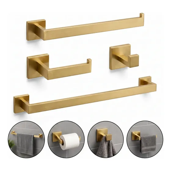 Kit Acessórios Banheiro Inox 304 Quadrado Luxo 4 Peças