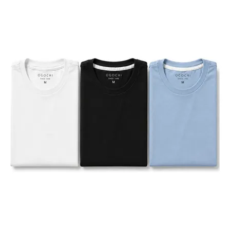 Kit 3 Camiseta Básica Ogochi Masculina Slim Original Algodão Preta | Branca | Azul Lisa Gg Liso