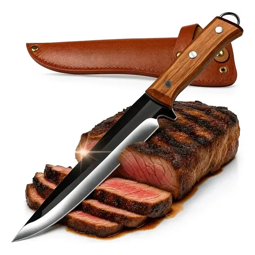 Faca Artesanal Cozinha Churrasco Aço Inox 28cm Cabo Madeira Marrom-claro