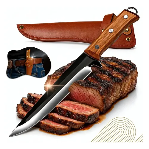 Faca Artesanal Cozinha Churrasco Aço Inox 28cm Cabo Madeira Marrom-claro
