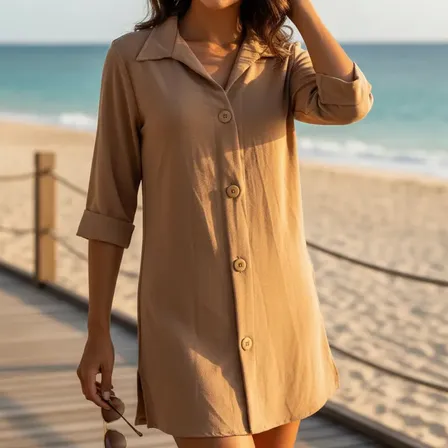 Saída De Praia Camisa Chemise Camisão Versátil Acqua Bronze Cacau M