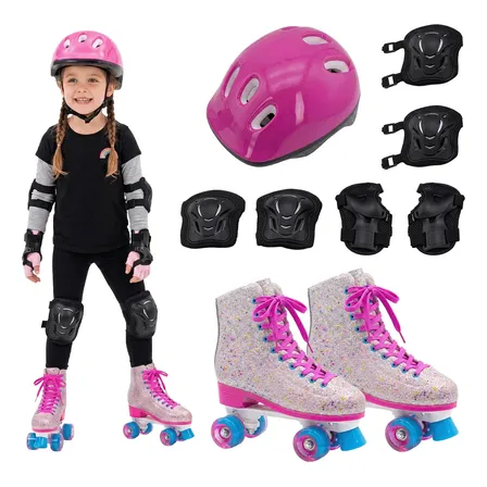 Kit Patins Infantil Quad 4 Rodas Glitter C/ Freio Tam 31-34 34 58 Mm Rosa C/ Proteção