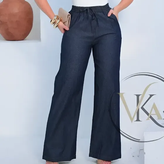 Calça Jeans Feminina Pantalona C Elástico E Bolso Wide Leg