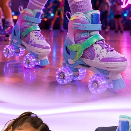 Patins Infantil Menina Led Iluminado Feminino 4 Rodas Sereia M 33-36 54 Mm Rosa