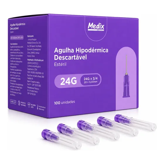 Agulha HiPodérmica Descartável 20x0,55mm Medix Cx C/100 Unid 1 Ml