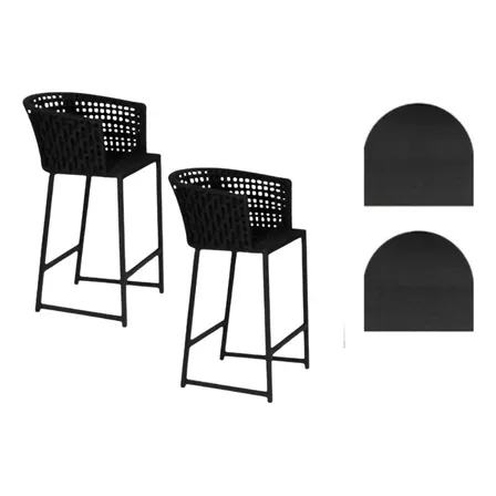 Kit 2 Banqueta Charlotte Alumínio + Almofadas Corda Náutica Aumínio Preta