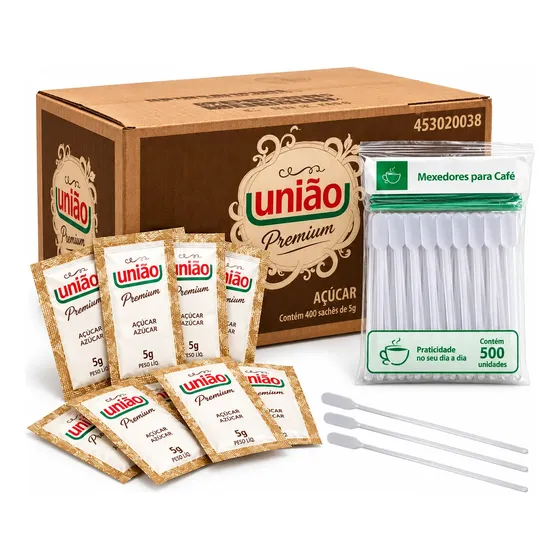 Kit Açúcar União 400 Sachês 5g + 500 Mexedores Café