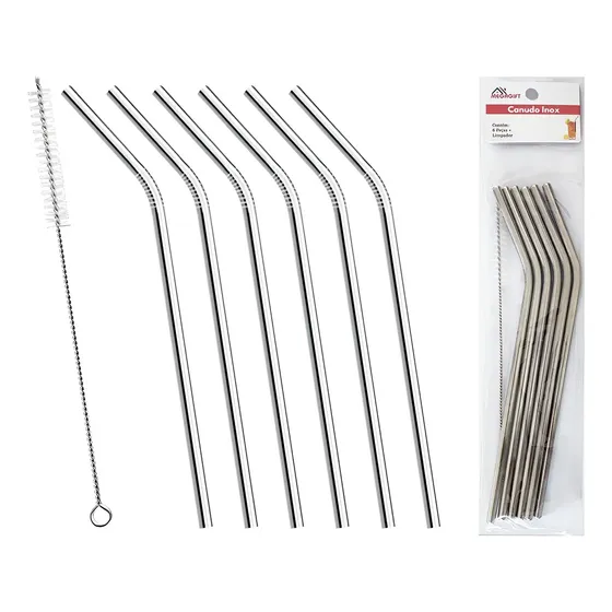 Kit Com 6 Canudos Aço Inox Reutilizável + Escova De Limpeza