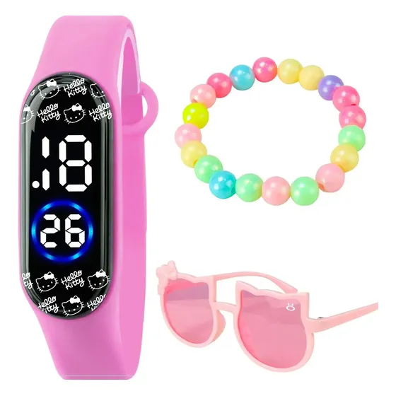 Kit Relogio Infantil Digital Ursinho Prova Dagua Garantia Rosa