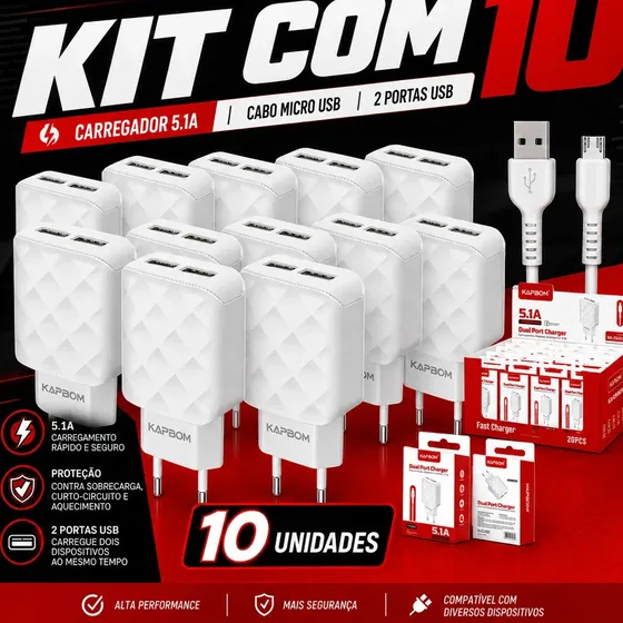 Kit 10 Carregador Kapbom Turbo Micro-usb V8 5.1 Atacado + Nf