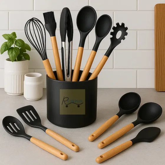 Kit Jogo 12 Peças Utensílios Cozinha Silicone Cabo Madeira