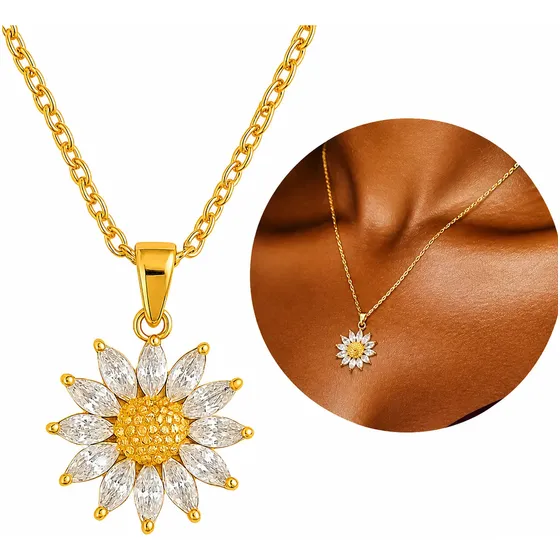 Colar Flor Girassol Cravejado Inox Banhado A Ouro 18k