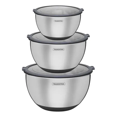Kit 3 Potes Bowl Cucina 1,5l 3l 5l Tramontina Inox Vedação Cinza