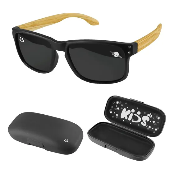 Oculos Sol Infantil Preto Madeira Praia Proteção Uv + Case