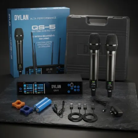 Microfone Sem Fio Duplo Dylan Qs-5 Profissional V2025 Full Preto