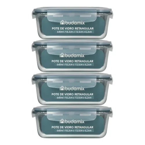 Kit 4 Potes De Vidro 640ml Tampa Hermético 4 Travas Vedação Azul-petróleo