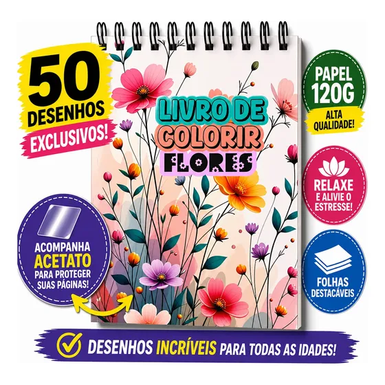 Livro De Colorir Flores Adulto Antiestress 50 Desenhos A5 Folha De 120 Gramas