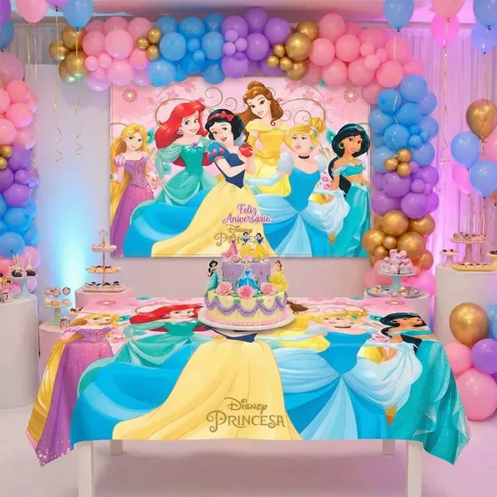 Kit Festa Princesas Decoração Toalha Mesa + Painel