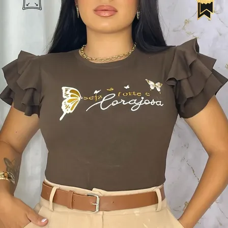 Blusa Feminina Algodão Premium Bordada Elegante Luxo Marrom Lisa P - 38