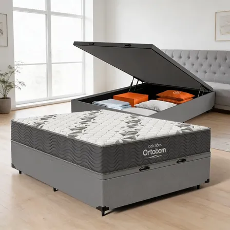 Cama Box Baú Casal + Colchão Espuma D33 Ortobom Airtech 100 Cinza
