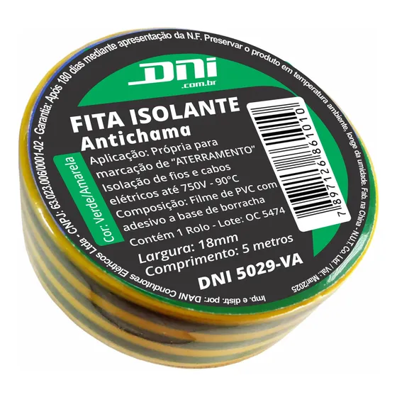 Kit 10 Unidades - Fita Isolante Verde E Amarela 5m - Dni 5029 Va