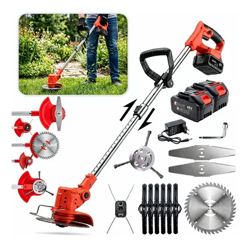 Roçadeira Cortador De Grama Com Escova De Aço 2 Bateria 48v 127v/220v Vermelho