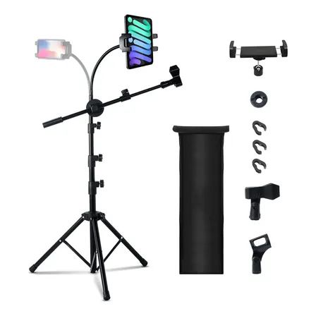 Suporte Microfone Tripé Girafa Com Suporte Celular/tablet Preto