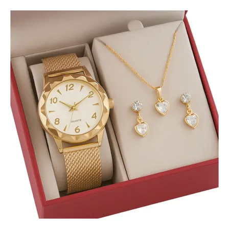 Relógio Feminino+ Colar Pingente Brincos Folheado A Ouro 18k