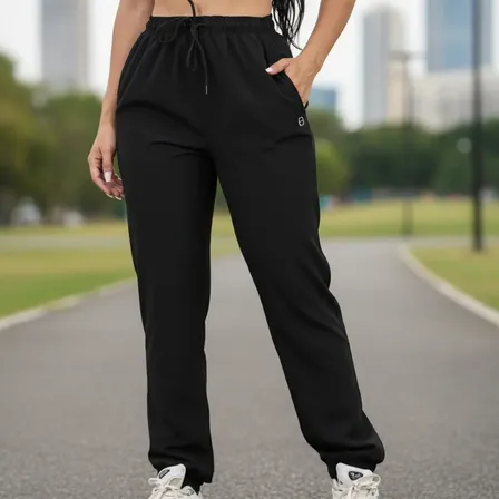 Calça Feminina Jogger Em Tactel Com Elastano Bolsos E Cordão Preto Liso Xgg