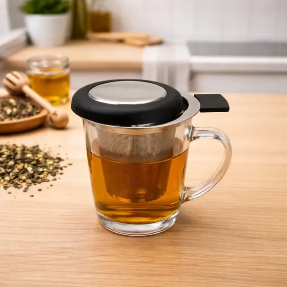 Infusor Coador De Chá Cesto Aço Inox Com Tampa Alça Silicone