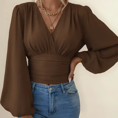 Blusa Manga Longa Bufante Decote Transpassado Duna Lastex Marrom Único