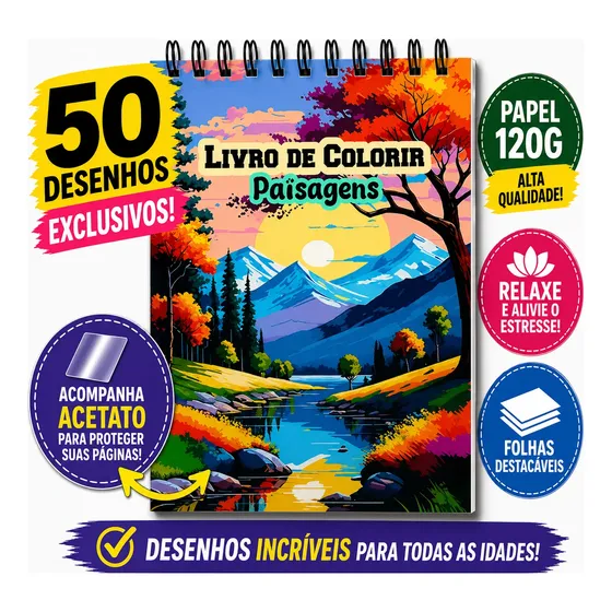 Livro De Colorir De Paisagens Adulto Antiestresse + Acetato