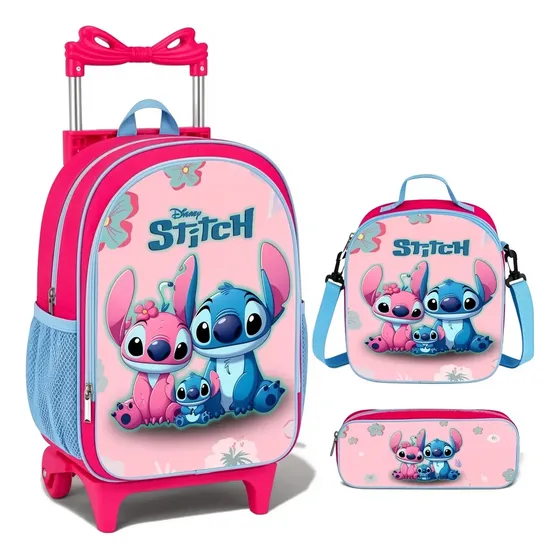 Mochila Escolar Stitch Infantil Lancheira Termica+estojo Rosa-chiclete Stich