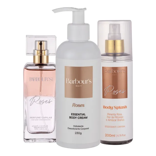 Kit Body Splash Hidratante Corporal Perfume Capilar Roses Barbour's Beauty