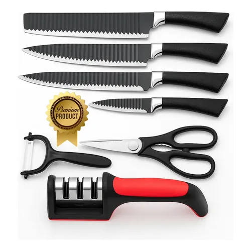 Jogo Facas Inox Kit 7 Peças Amolador Churrasco Para Cozinha Preto