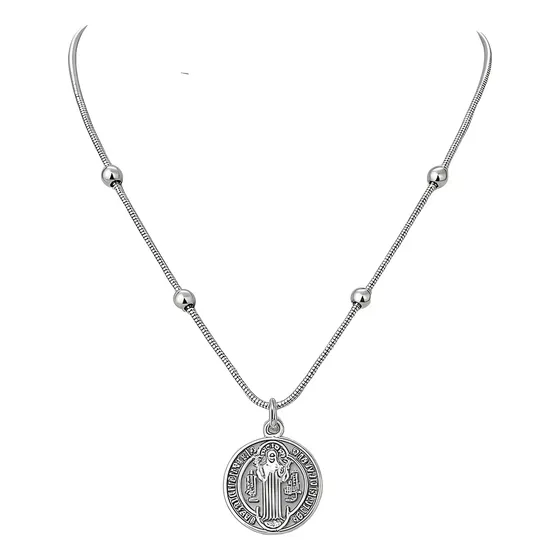 Colar Medalha De São Bento Corrente Feminina Aço Inoxidável Detalhe Prateado 45 Cm