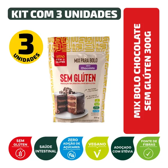 Kit Mix Bolo Chocolate Sem Glúten 300g - 3 Unidades