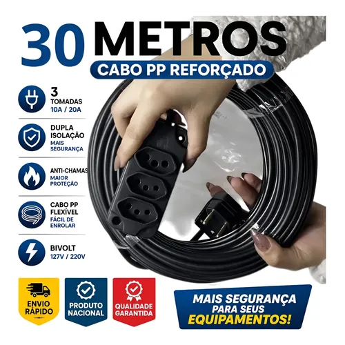 Extensão Elétrica 30m Cabo Pp Bivolt 127/220v Tomada 10/20a Preto 127/220v
